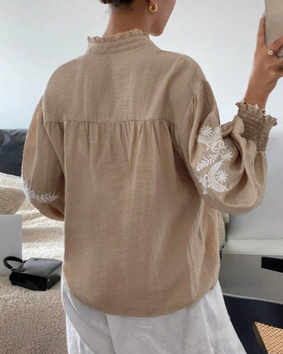 Leaf Embroidered Ruffle Cuff Blouse - Apricot - 3