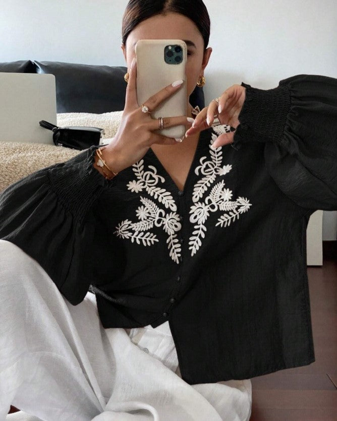 Leaf Embroidered Ruffle Cuff Blouse - Black