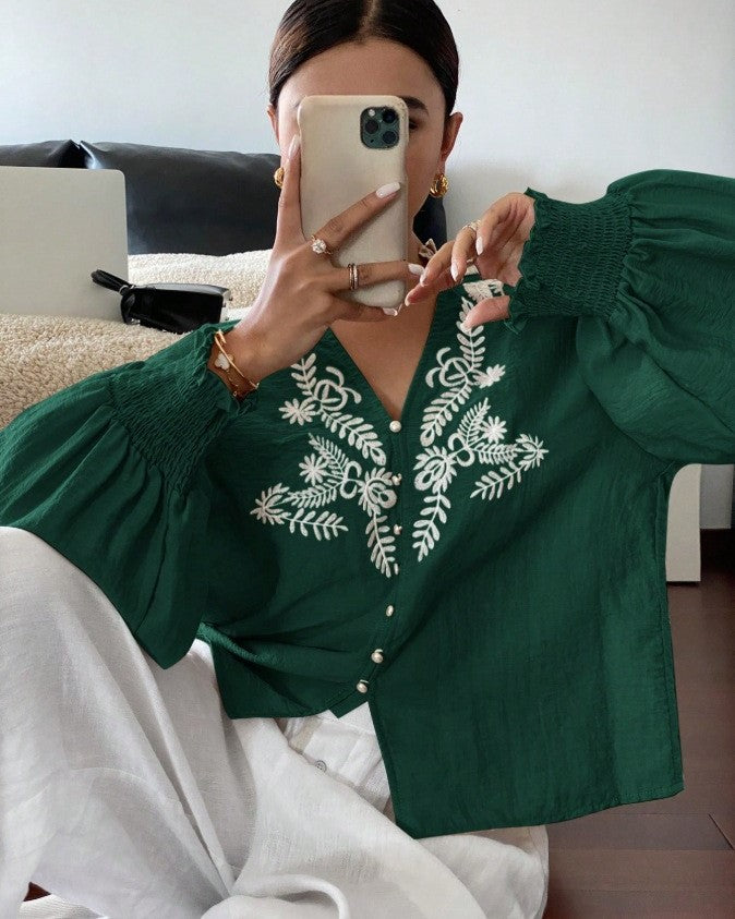 Leaf Embroidered Ruffle Cuff Blouse - Green