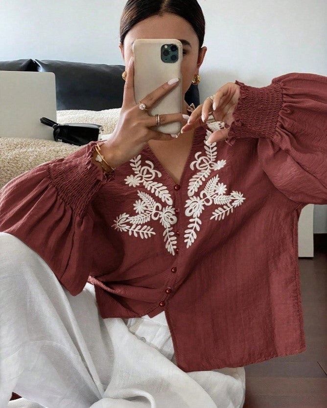 Leaf Embroidered Ruffle Cuff Blouse - WineRed