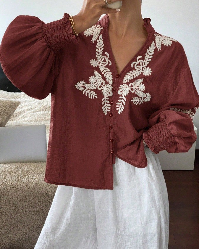 Leaf Embroidered Ruffle Cuff Blouse - WineRed - 1
