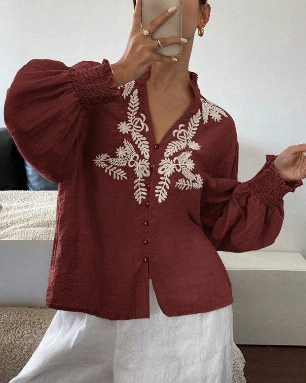 Leaf Embroidered Ruffle Cuff Blouse - WineRed - 2