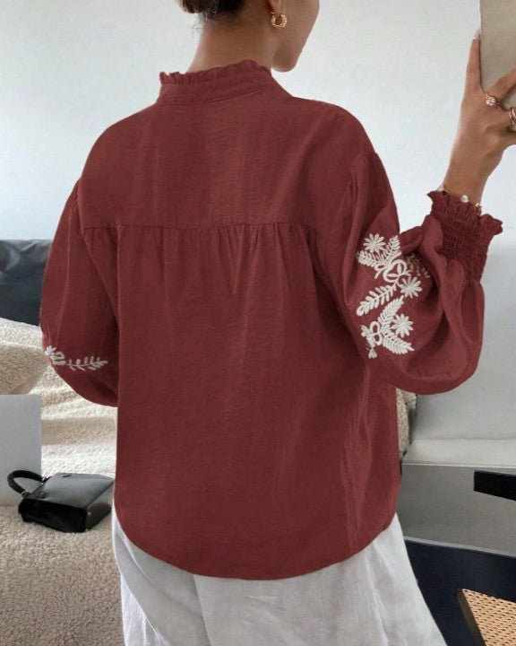 Leaf Embroidered Ruffle Cuff Blouse - WineRed - 3