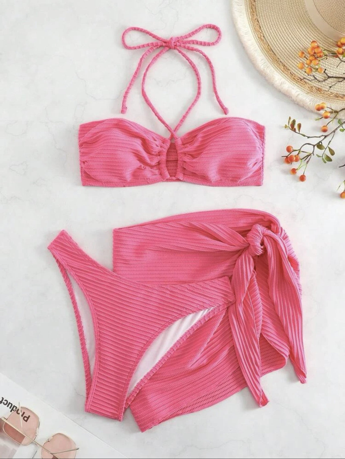 Ring Front Bandeau Bikini With Sarong - Rose Red - 2