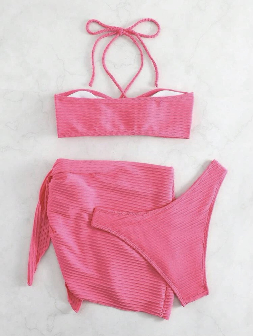 Ring Front Bandeau Bikini With Sarong - Rose Red - 3