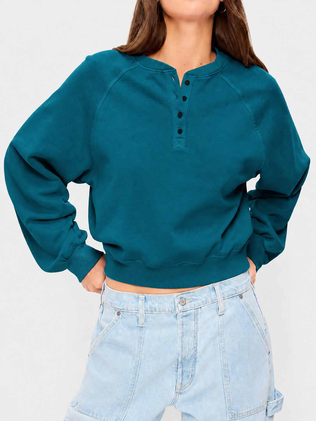 Cropped Raglan Sweatshirt With Snap Placket - Blue