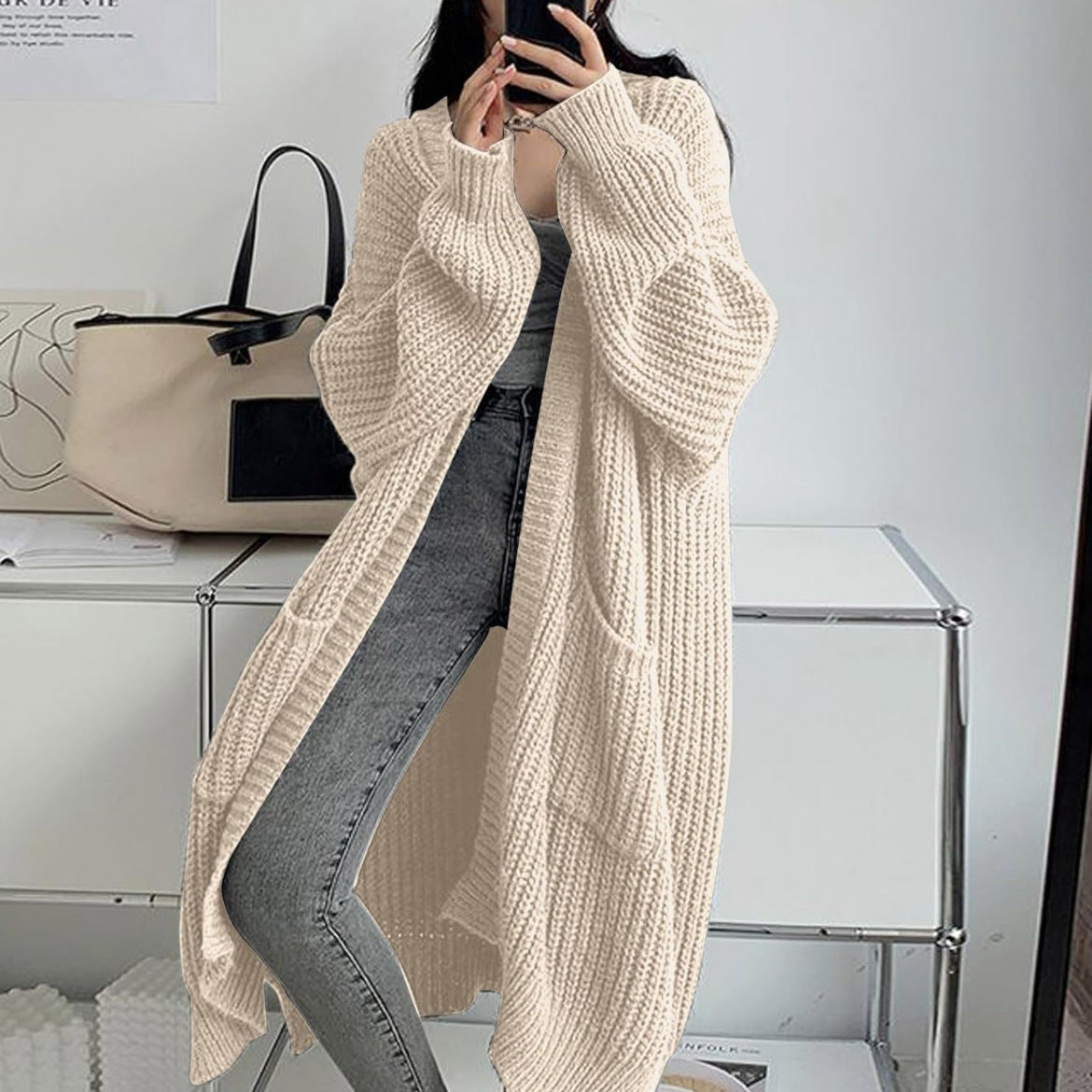Oversized Longline Chunky Knit Duster Cardigan - Apricot