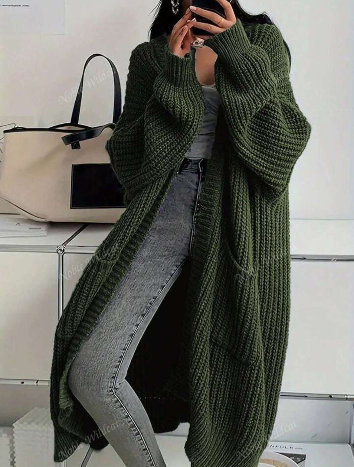 Oversized Longline Chunky Knit Duster Cardigan - Army_Green
