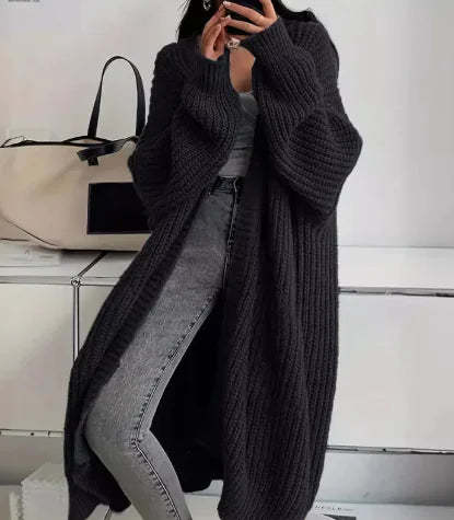 Oversized Longline Chunky Knit Duster Cardigan - Black