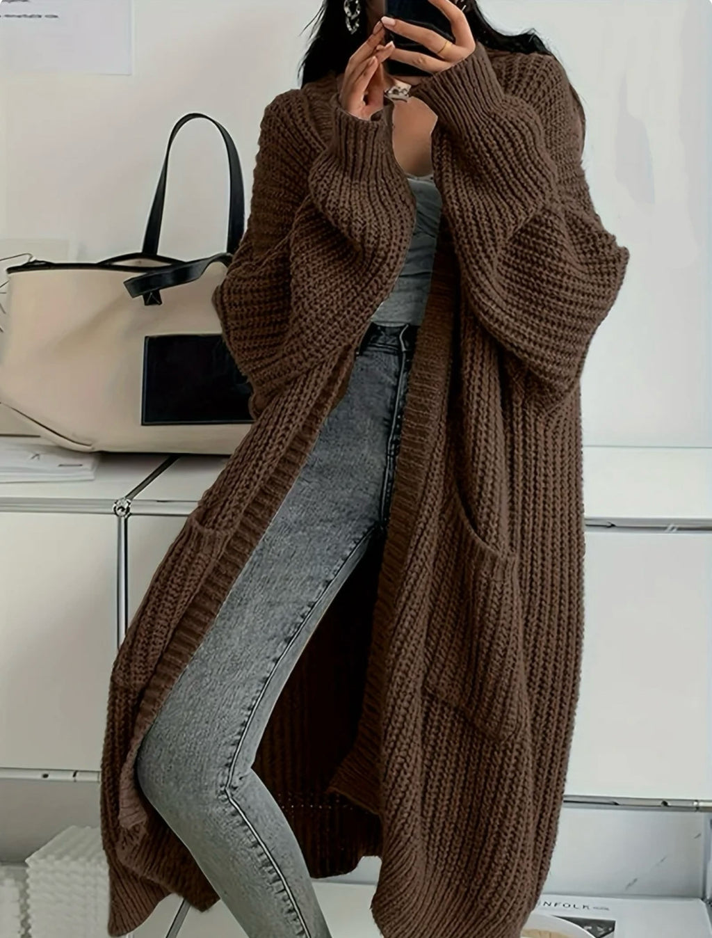 Oversized Longline Chunky Knit Duster Cardigan - Coffee