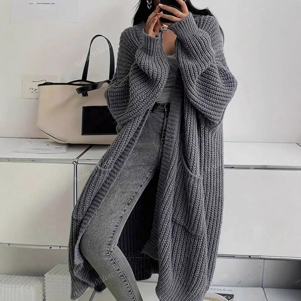 Oversized Longline Chunky Knit Duster Cardigan - Dark_Grey
