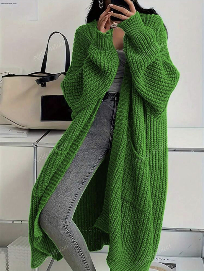 Oversized Longline Chunky Knit Duster Cardigan - Green