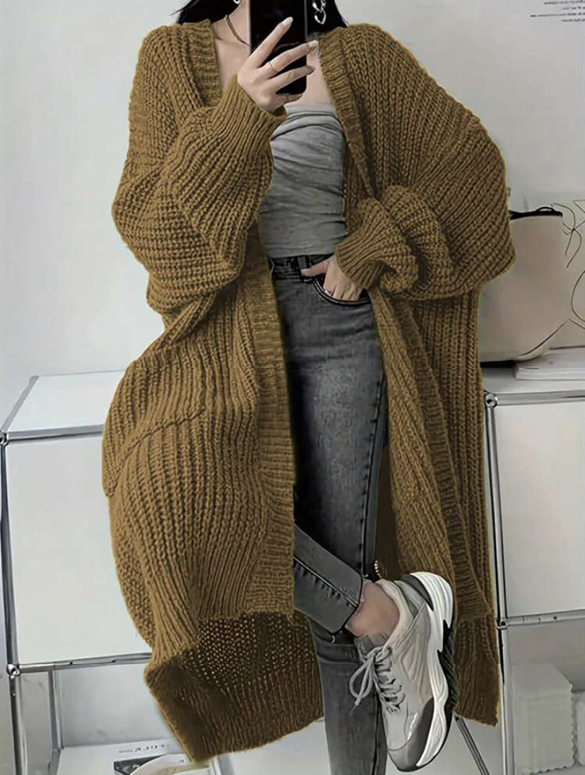 Oversized Longline Chunky Knit Duster Cardigan - Khaki