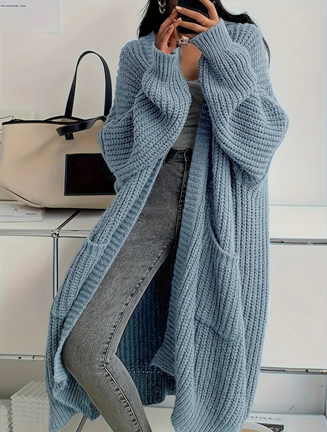 Oversized Longline Chunky Knit Duster Cardigan - Light_Blue