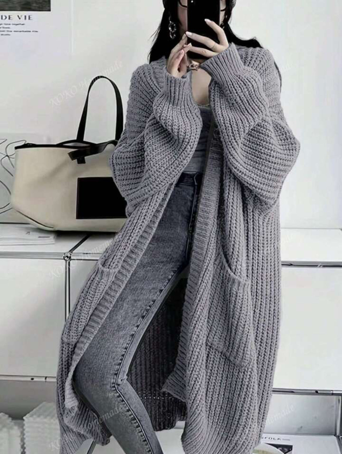 Oversized Longline Chunky Knit Duster Cardigan - Light_Grey