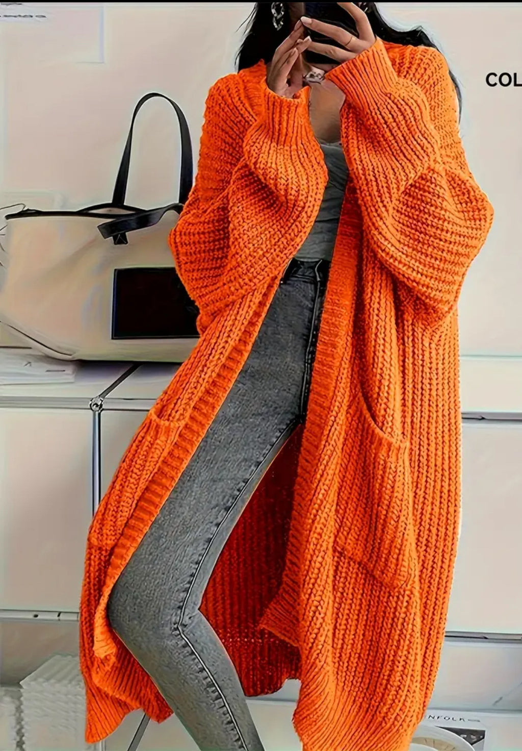 Oversized Longline Chunky Knit Duster Cardigan - Orange