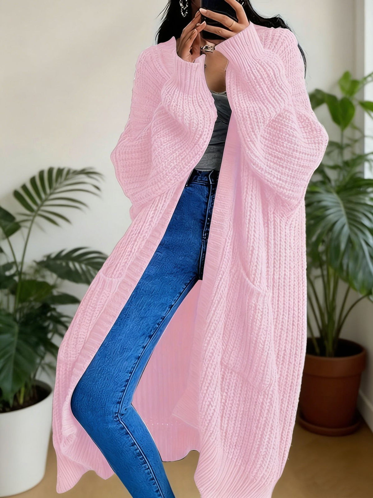 Oversized Longline Chunky Knit Duster Cardigan - Pink