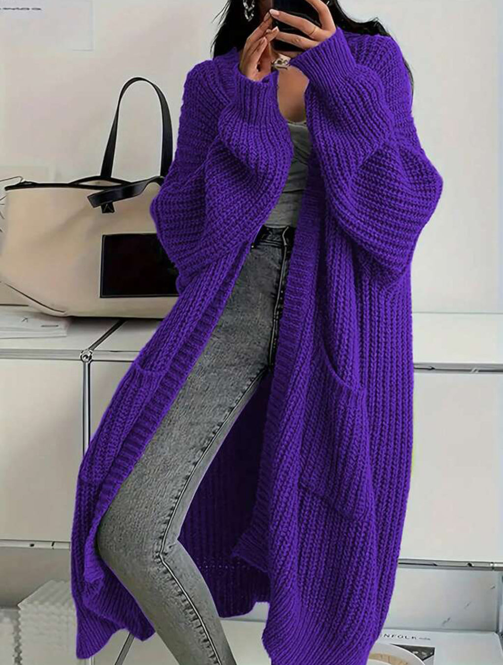 Oversized Longline Chunky Knit Duster Cardigan - Purple