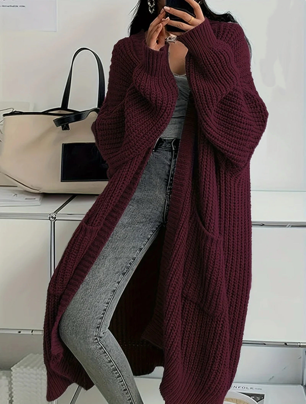 Oversized Longline Chunky Knit Duster Cardigan - Wine_Red