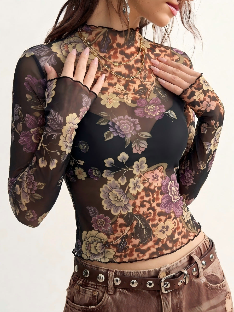 Leopard Floral Mesh High Neck Blouse - Floral