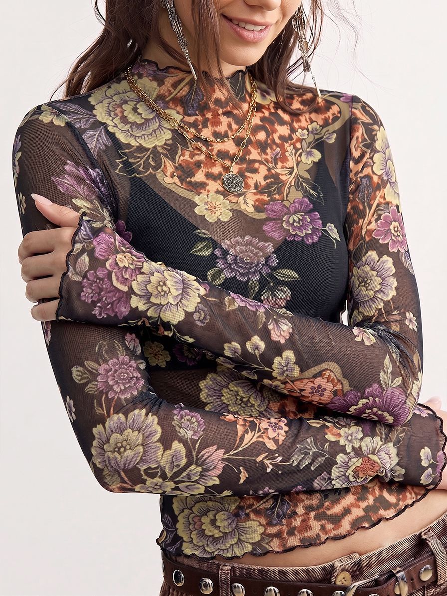 Leopard Floral Mesh High Neck Blouse - Floral - 1
