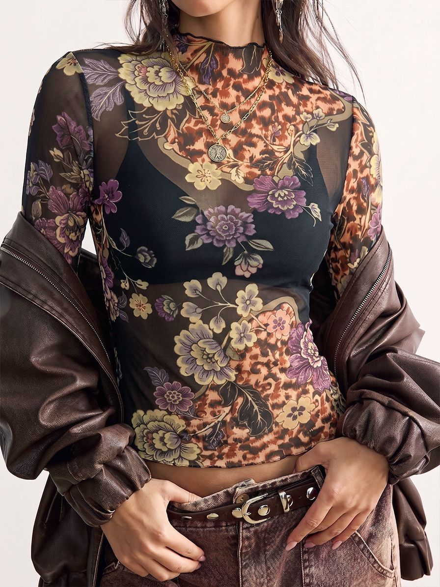 Leopard Floral Mesh High Neck Blouse - Floral - 3