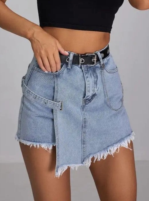 Frayed Hem High Rise Denim Shorts - Blue - 1