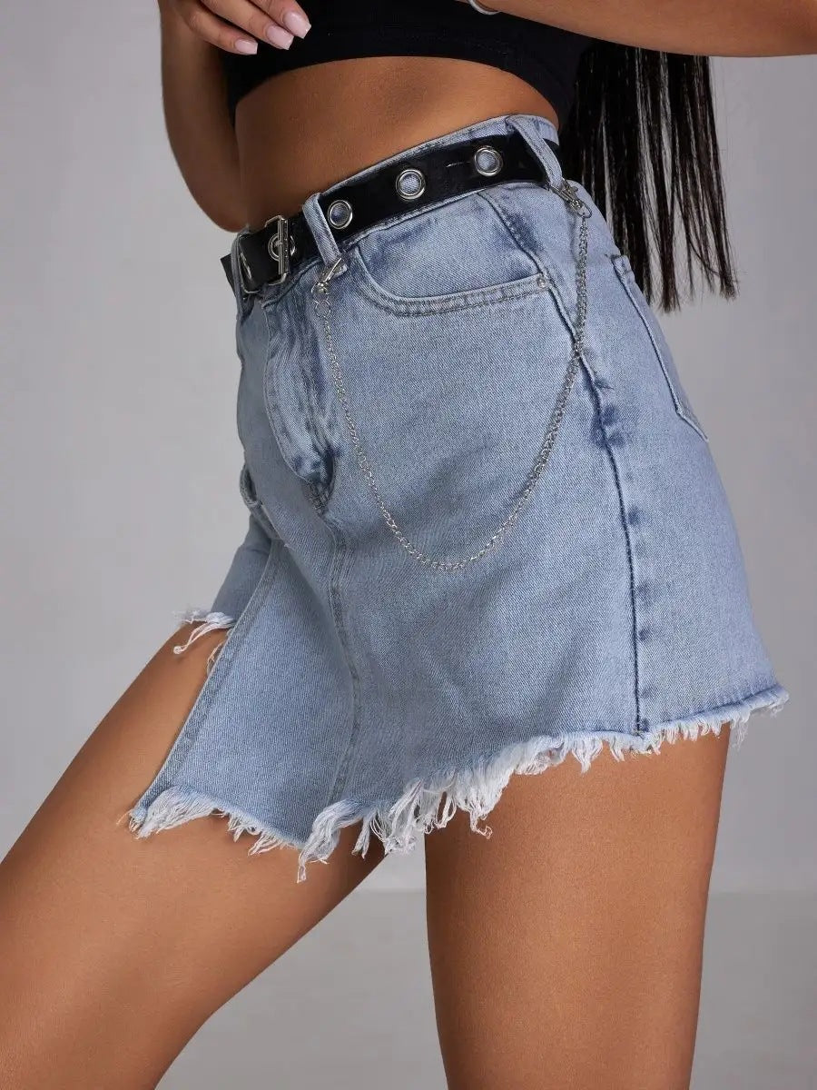 Frayed Hem High Rise Denim Shorts - Blue - 4