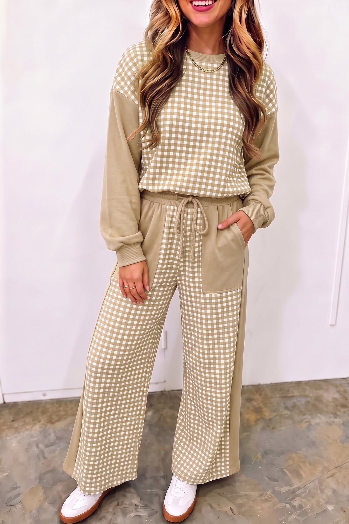 Gingham Colorblock Pullover and Wide Leg Pant Set - Beige