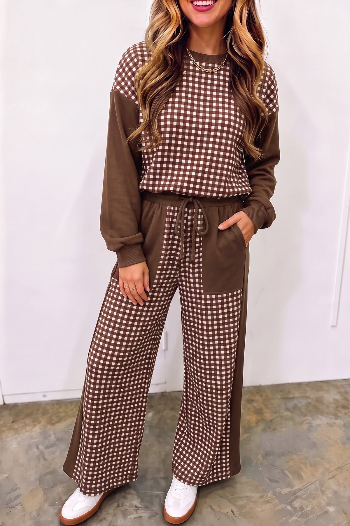Gingham Colorblock Pullover and Wide Leg Pant Set - Brown