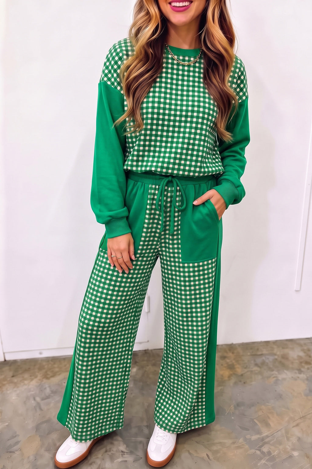 Gingham Colorblock Pullover and Wide Leg Pant Set - Green