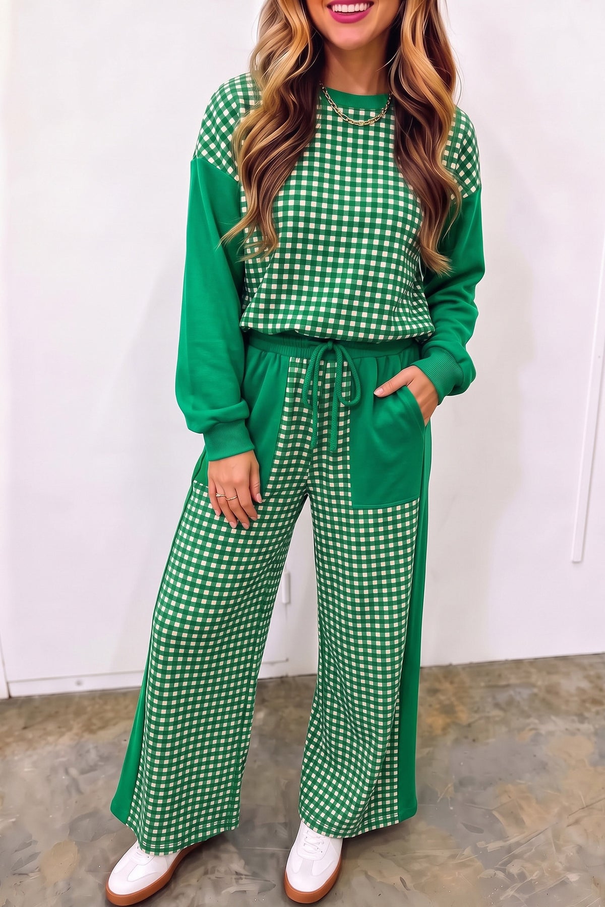 Gingham Colorblock Pullover and Wide Leg Pant Set - Green
