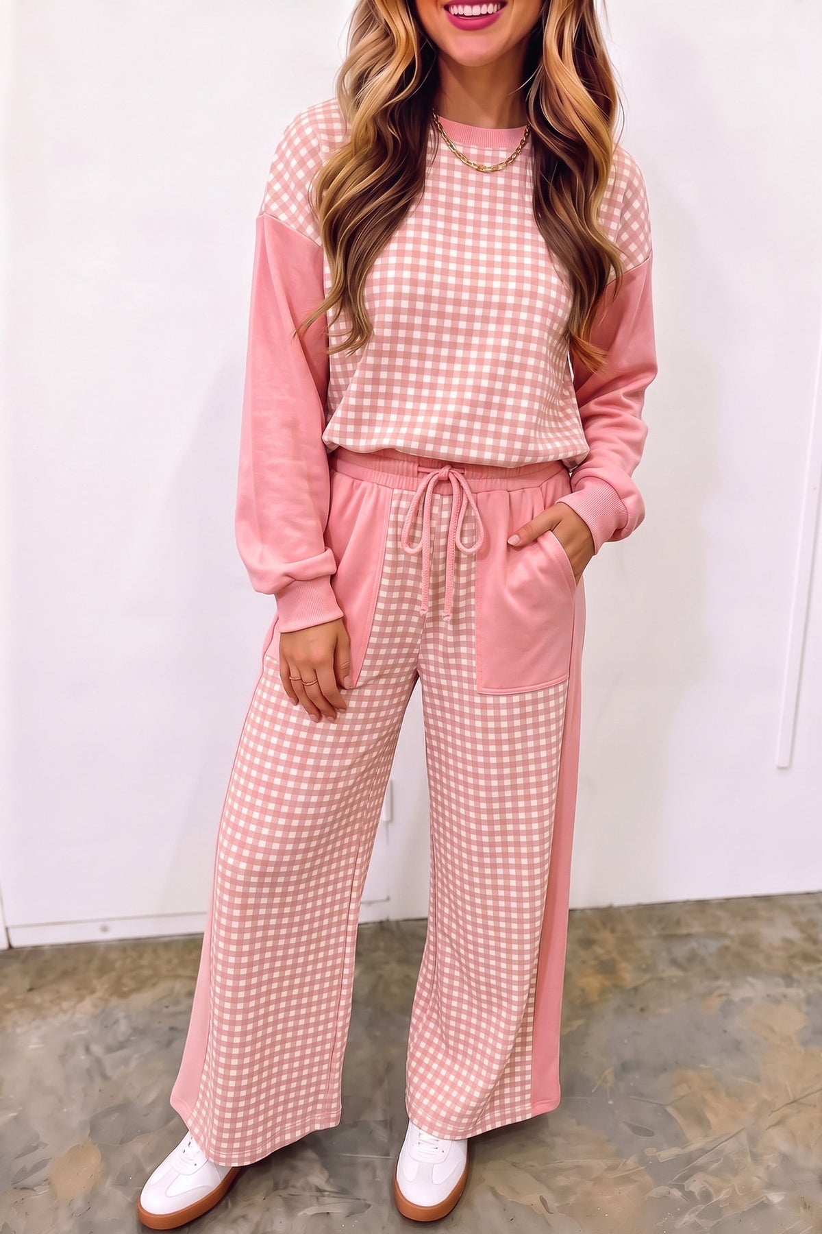 Gingham Colorblock Pullover and Wide Leg Pant Set - Pink