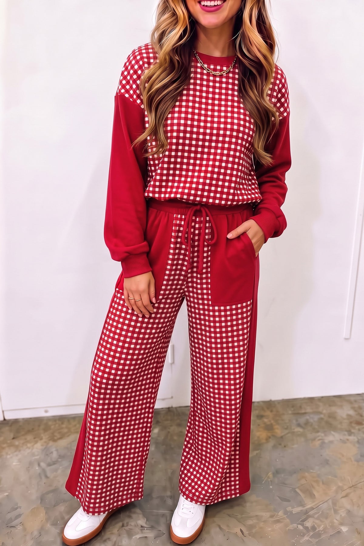 Gingham Colorblock Pullover and Wide Leg Pant Set - Red
