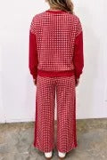 Gingham Colorblock Pullover and Wide Leg Pant Set - Red - 1