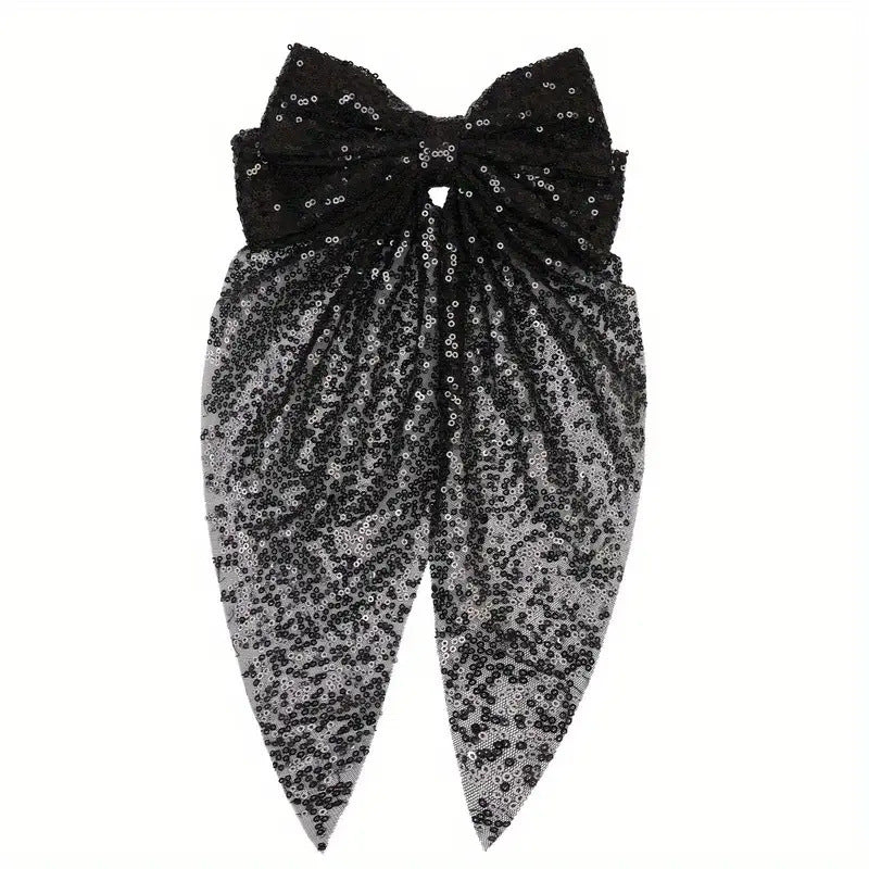 Oversized Sequin Bow Hair Barrette - Black