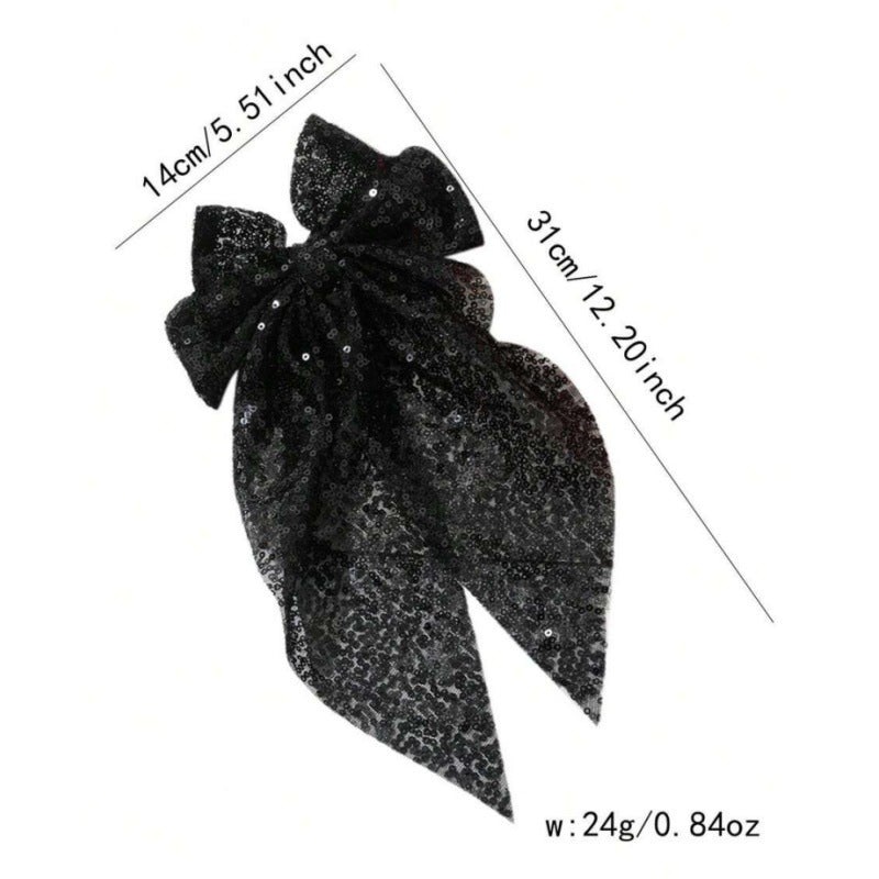 Oversized Sequin Bow Hair Barrette - Black - 1