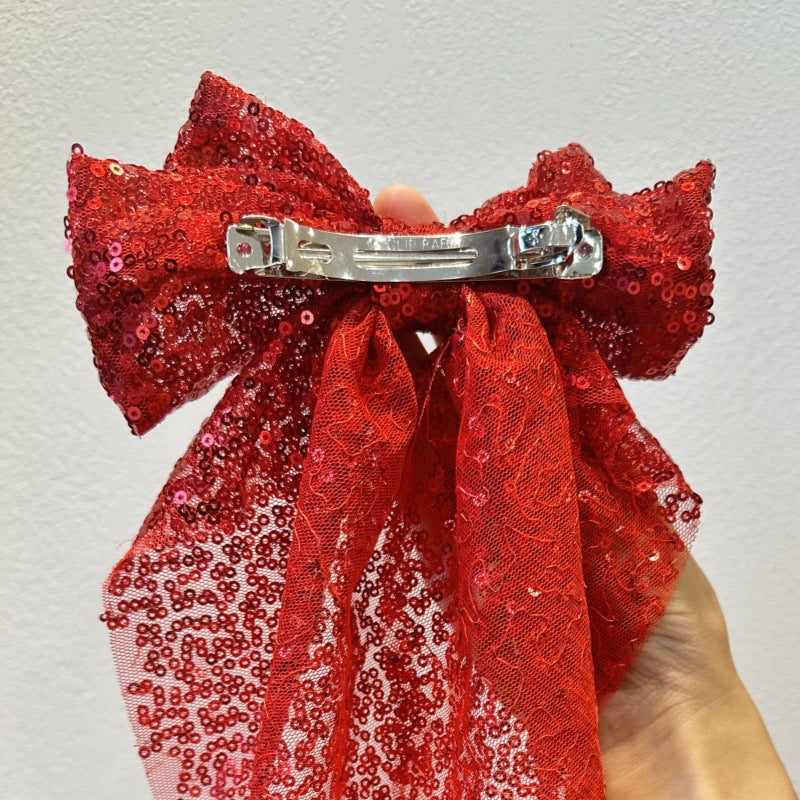 Oversized Sequin Bow Hair Barrette - Red - 1