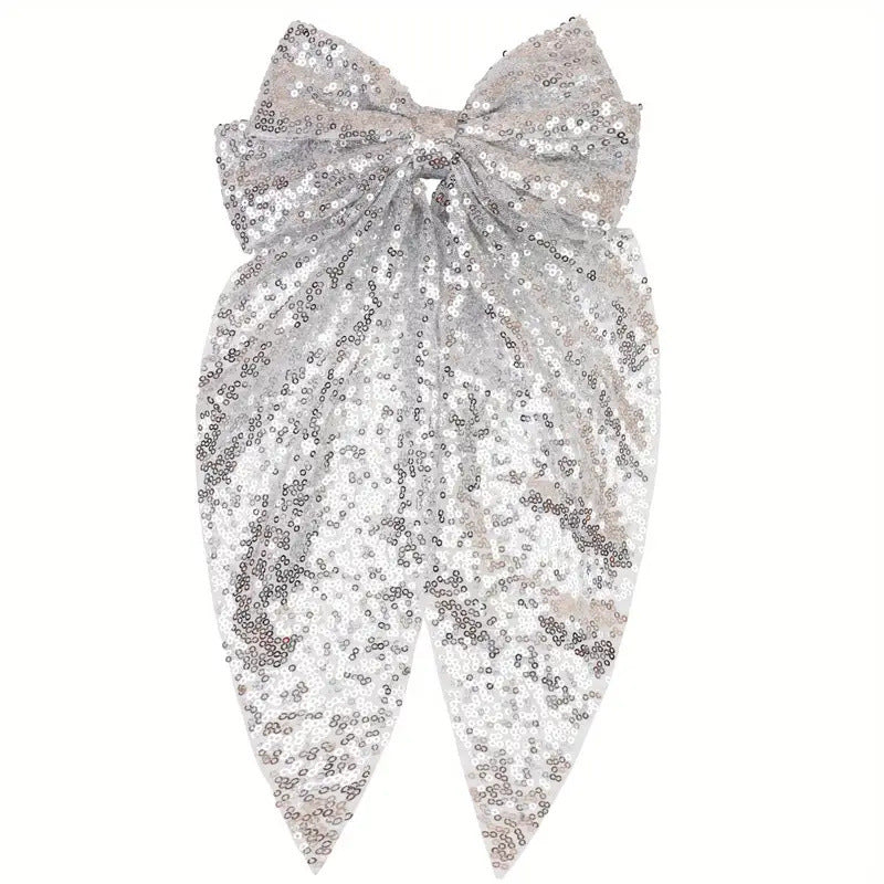 Oversized Sequin Bow Hair Barrette - Silver - 1