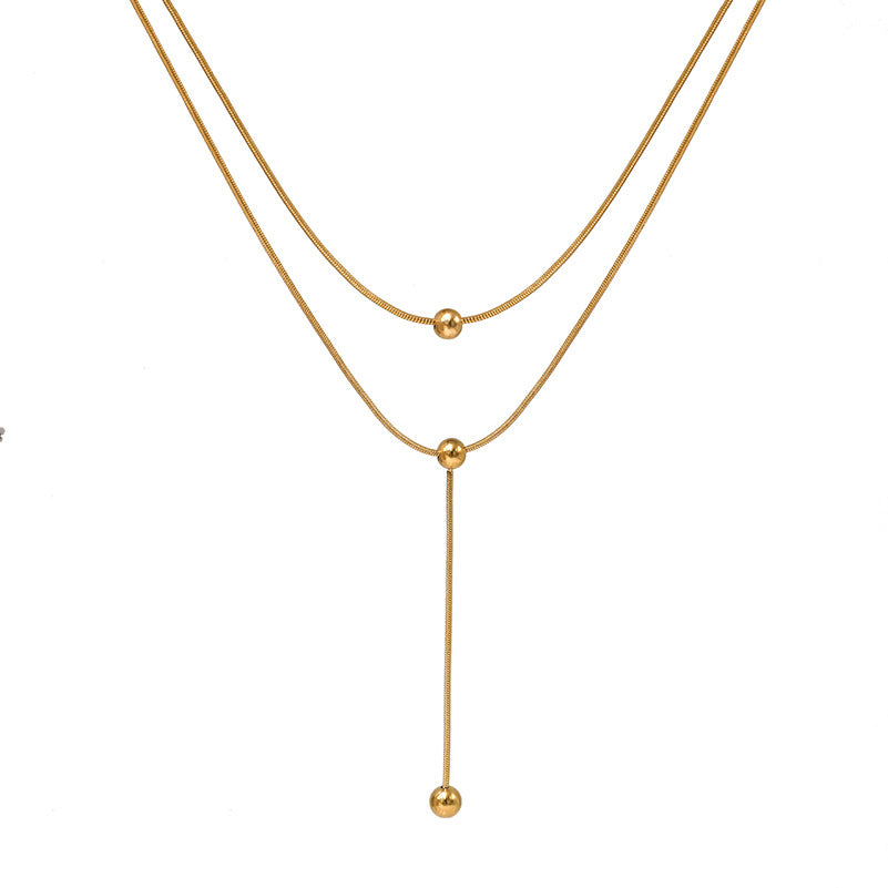 Layered Bead Drop Lariat Chain Necklace - Gold