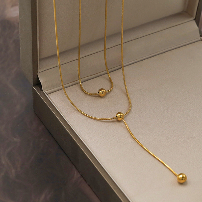 Layered Bead Drop Lariat Chain Necklace - Gold - 1