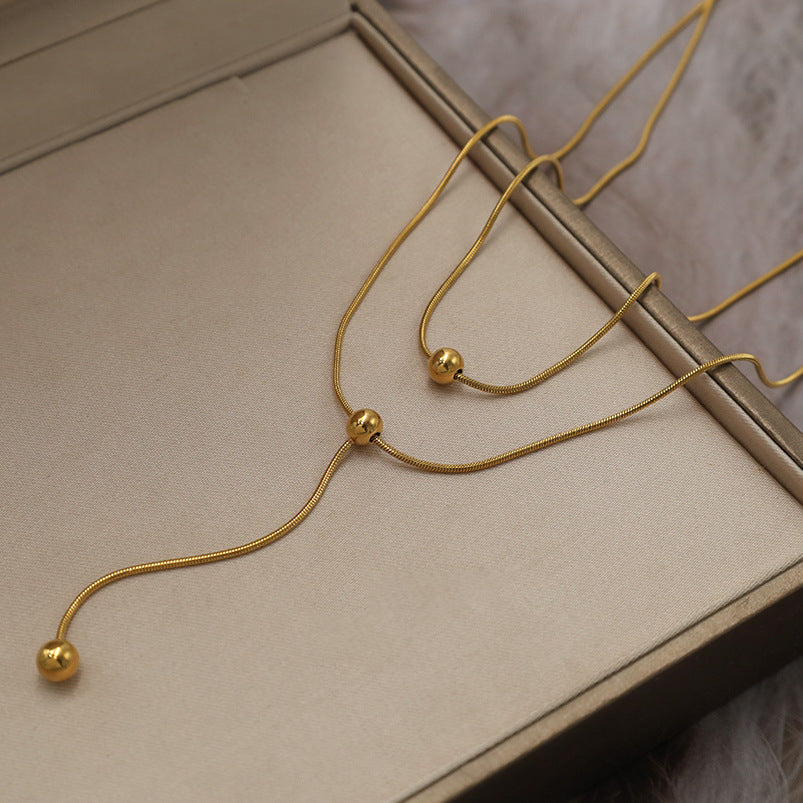 Layered Bead Drop Lariat Chain Necklace - Gold - 2