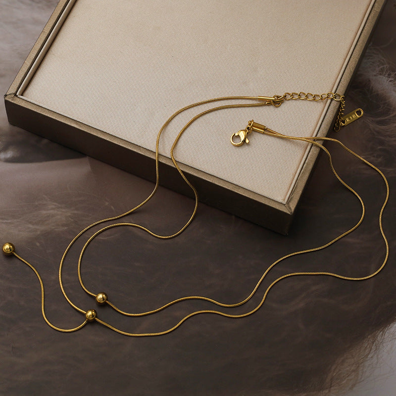 Layered Bead Drop Lariat Chain Necklace - Gold - 3