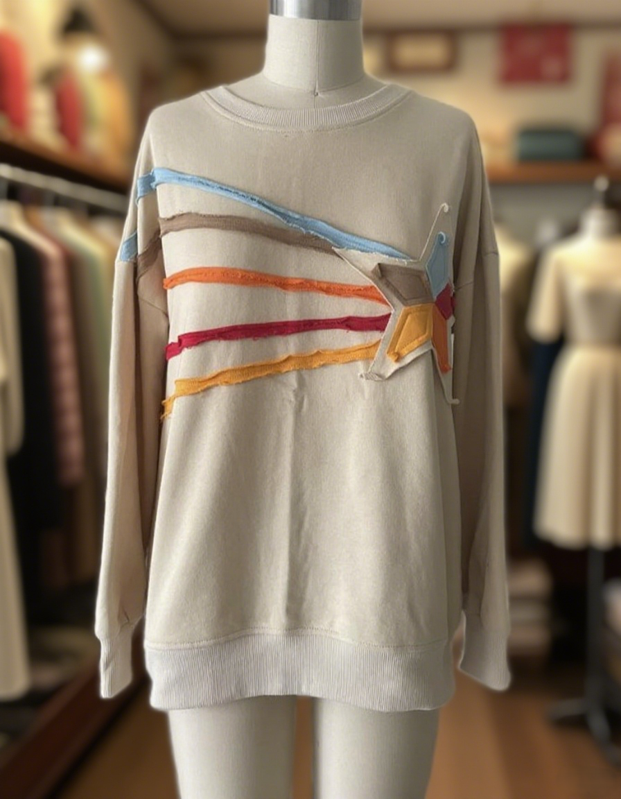 Retro Rainbow Star Pullover Sweatshirt - Apricot - 1
