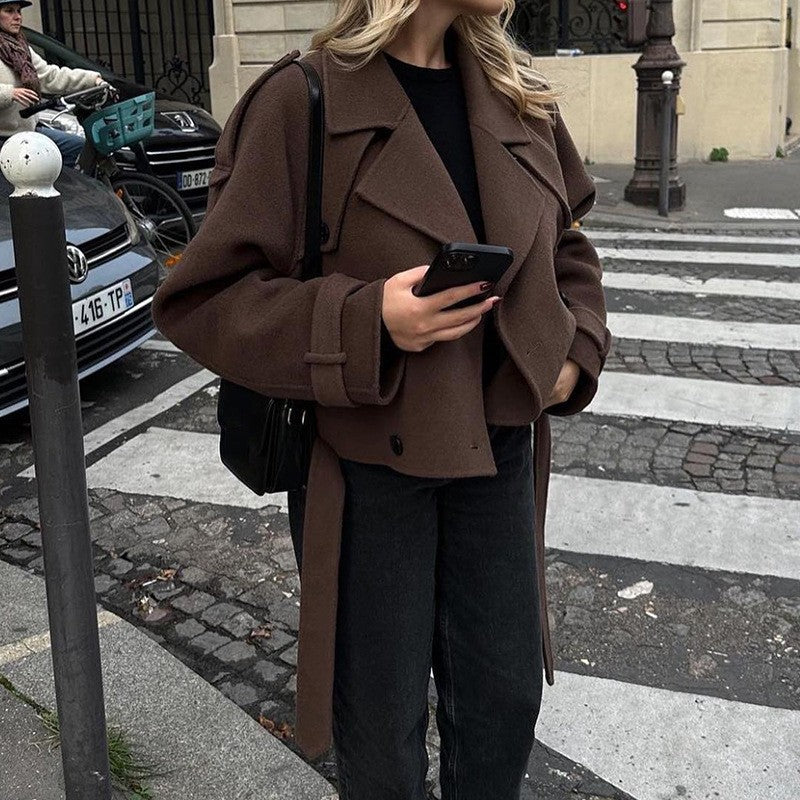 Cropped Oversized Lapel Belted Jacket - DarkBrown