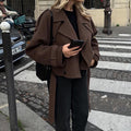 Cropped Oversized Lapel Belted Jacket - DarkBrown