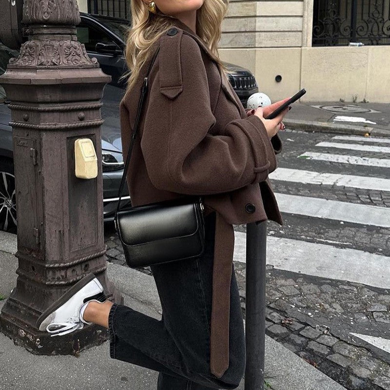 Cropped Oversized Lapel Belted Jacket