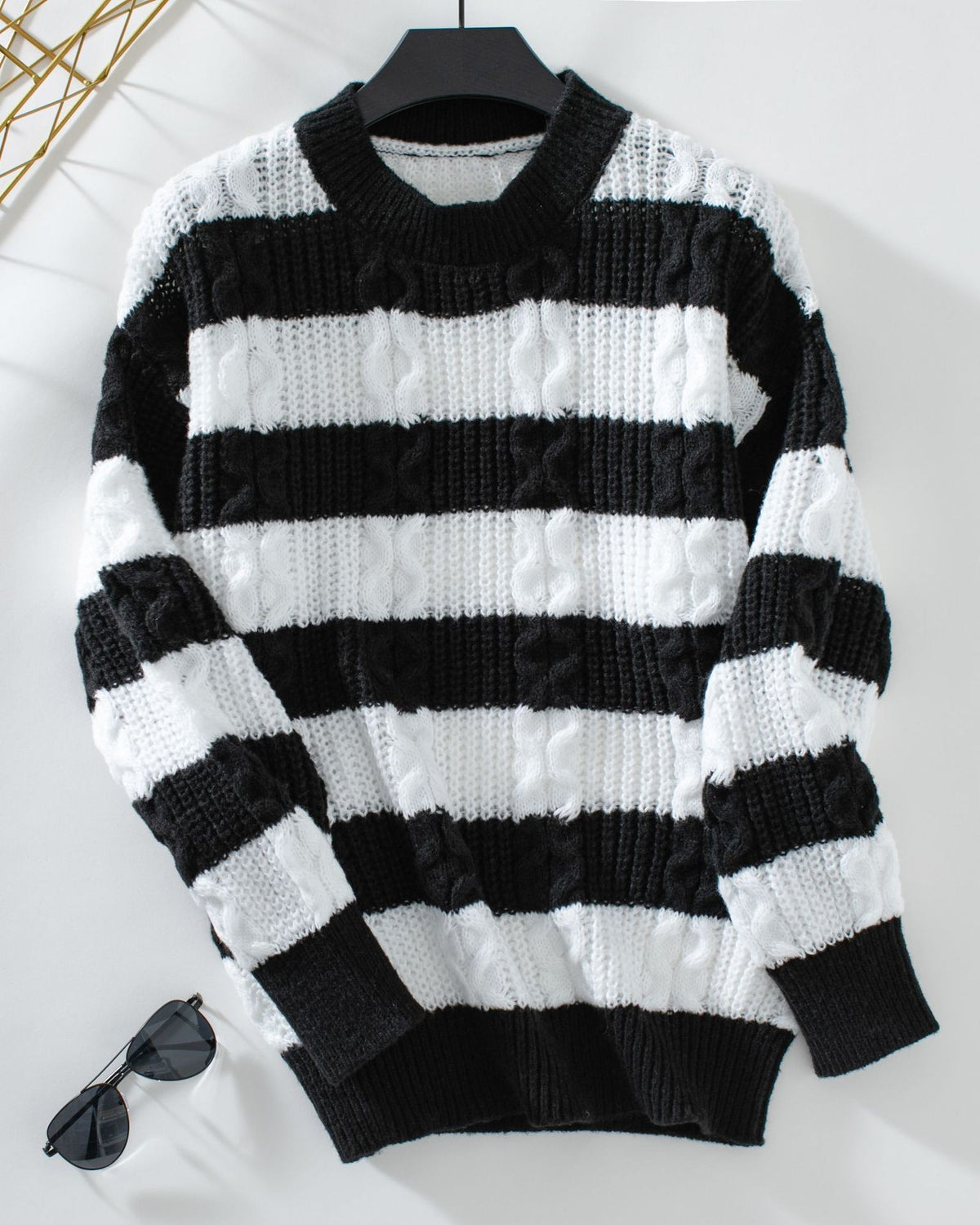 Bold Stripe Cable Knit Crew Sweater - Black - 1