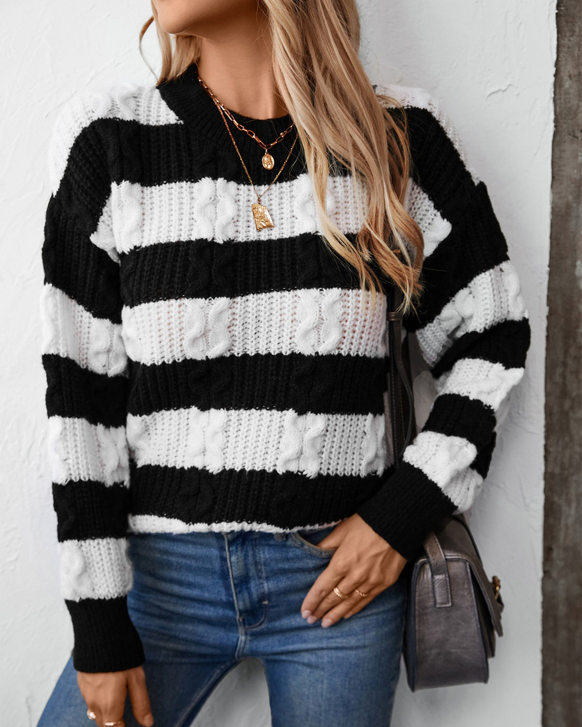 Bold Stripe Cable Knit Crew Sweater - Black - 2