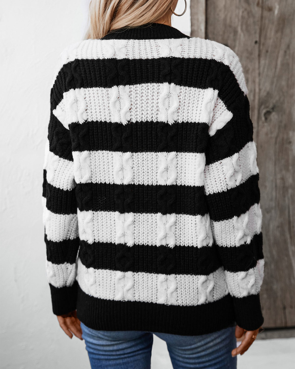 Bold Stripe Cable Knit Crew Sweater - Black - 3